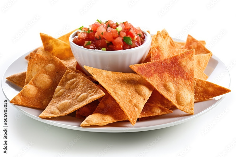 Delicious Plate of Chips and Salsa on a White Background. Generative AI Delicious Plate of Chips and Salsa on a White Background. Generative AI