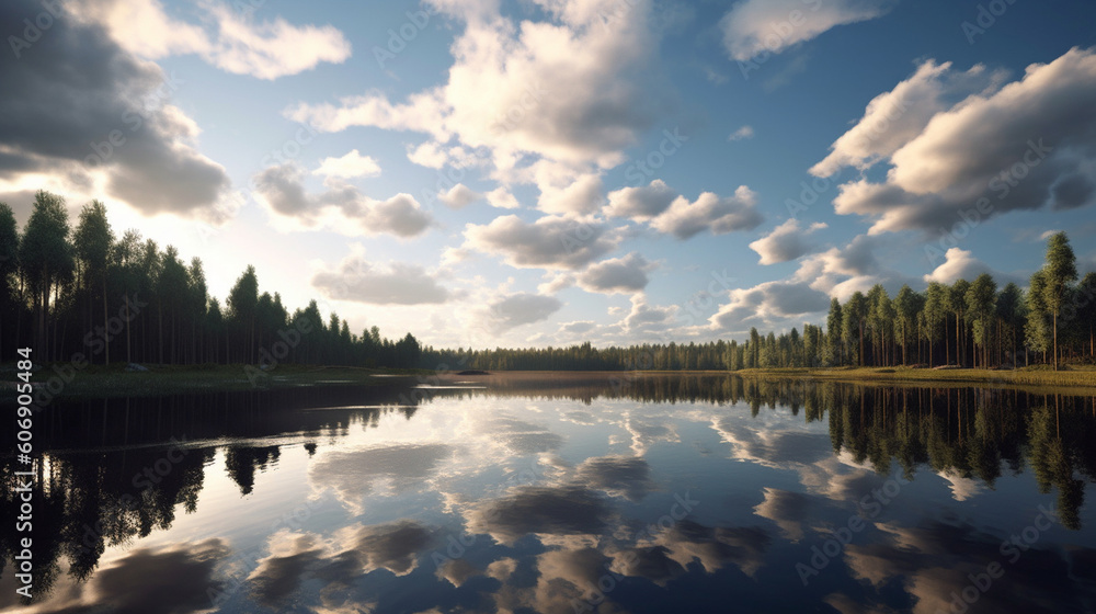 Serene clouds floating above a calm, reflective lake Generative AI