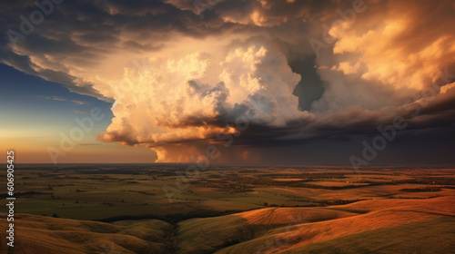 Massive cumulonimbus clouds casting shadows over a sprawling countryside Generative AI