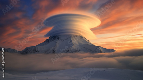 A breathtaking display of lenticular clouds forming above a mountain peak Generative AI photo