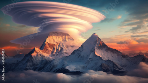 A breathtaking display of lenticular clouds forming above a mountain peak Generative AI