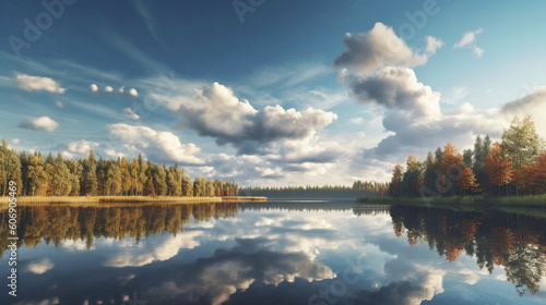 Serene clouds floating above a calm, reflective lake Generative AI