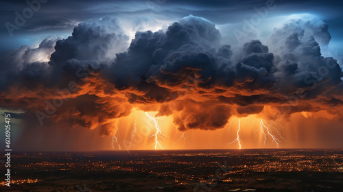 A panoramic view of towering thunderclouds illuminated by flashes of lightning Generative AI