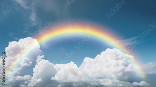 A rainbow arching across a sky filled with fluffy white cumulus clouds Generative AI