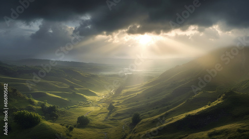 Sunlight filtering through gaps in the clouds, casting ethereal rays across the landscape Generative AI
