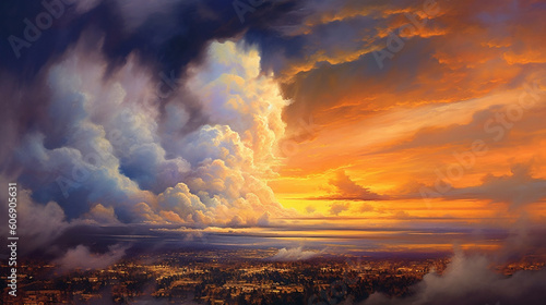A panoramic vista of clouds painting the sky with hues of gold, purple, and blue during sunset Generative AI
