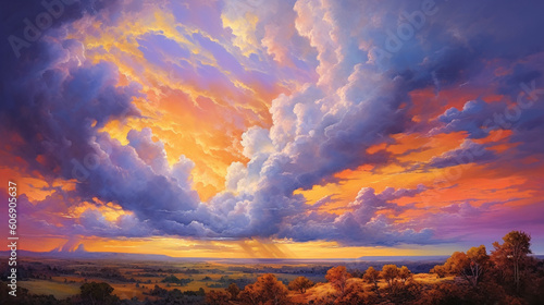 A panoramic vista of clouds painting the sky with hues of gold, purple, and blue during sunset Generative AI