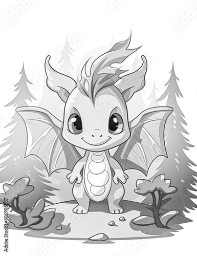 Baby Dragon Grayscale Coloring Page, Generative AI