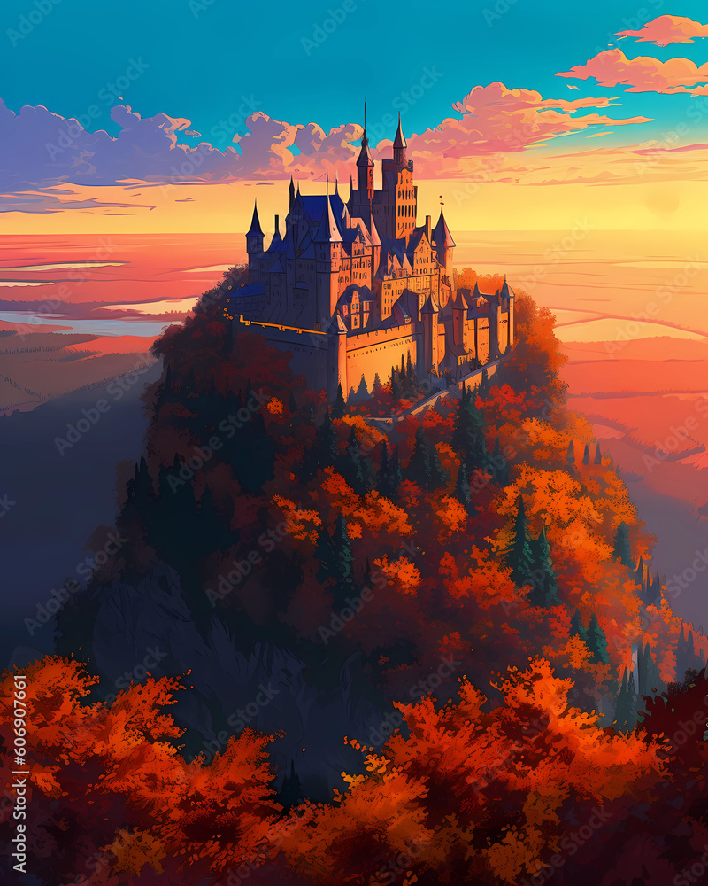 Illustration of beautiful view of Hohenzollern Castle in the Swabian Alps - Baden-Wurttemberg, Germany
