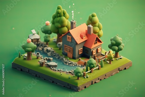 Tiny cute isometric villege soft smooth lighting soft color illustration Generative AI  photo