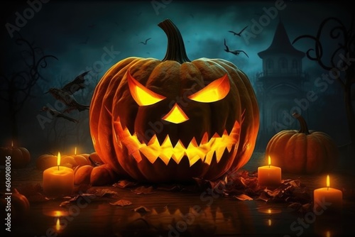 Halloween Scary Jack O Lantern Pumpkin Carving Photo Wallpaper Generative AI