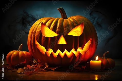 Halloween Scary Jack O Lantern Pumpkin Carving Photo Wallpaper Generative AI