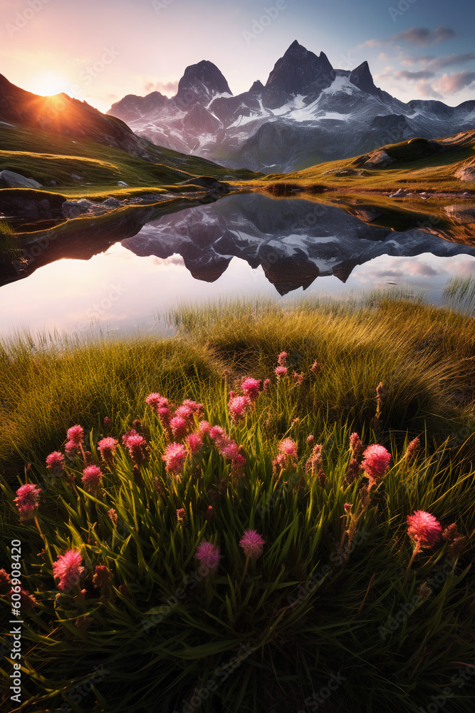 a serene mountain landscape at sunrise with a field of different colored wildflowers in the foreground. AI generative