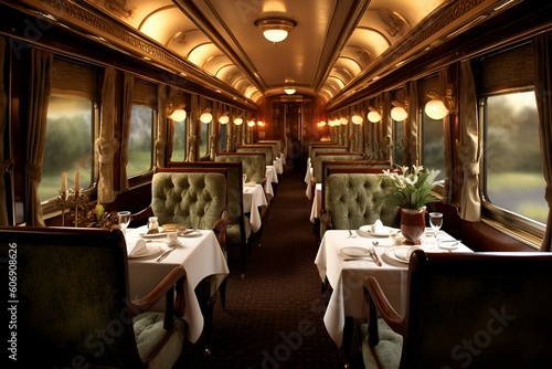 luxury dining car interior of train. generative AI illustration. © roei