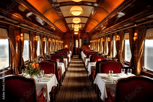 luxury dining car interior of train. generative AI illustration.