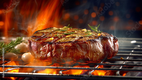 Beef steak sizzling on the grill flame