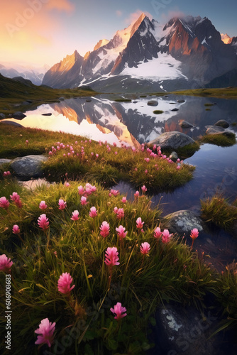 a serene mountain landscape at sunrise with a field of different colored wildflowers in the foreground. AI generative © SANGHYUN