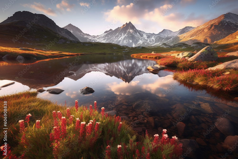 a serene mountain landscape at sunrise with a field of different colored wildflowers in the foreground. AI generative