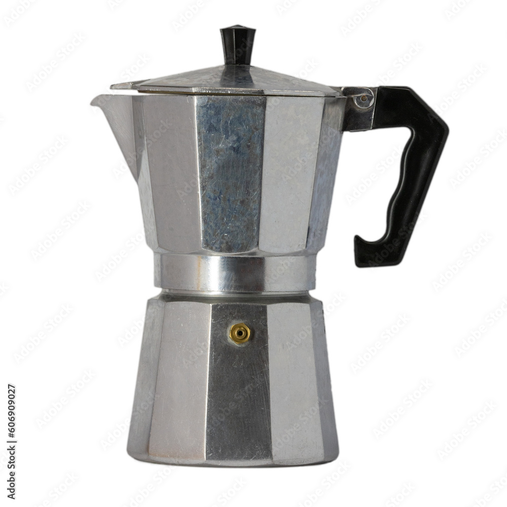 Cafetière italienne pour préparer le café à la maison sur fond transparent.
Cafetière italienne pour préparer le café à la maison sur fond transparent.