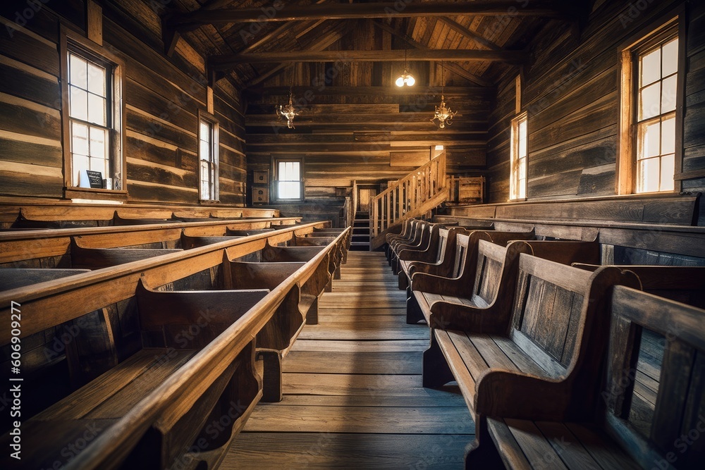 A courtroom gallery filled with wooden pews, awaiting spectators. Generative ai.