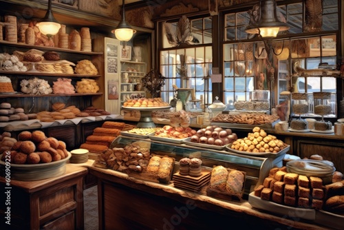 A charming bakery displaying a delightful assortment of pastries. Generative ai.