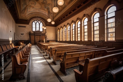 A courtroom gallery filled with wooden pews, awaiting spectators. Generative ai. © MADMAT