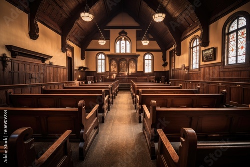 A courtroom gallery filled with wooden pews, awaiting spectators. Generative ai. © MADMAT