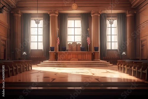 A courtroom with a judge's bench, witness stand, and jury box. Generative ai. photo