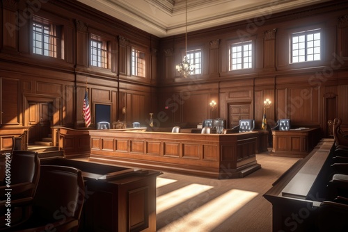 A courtroom with a judge's bench, witness stand, and jury box. Generative ai.