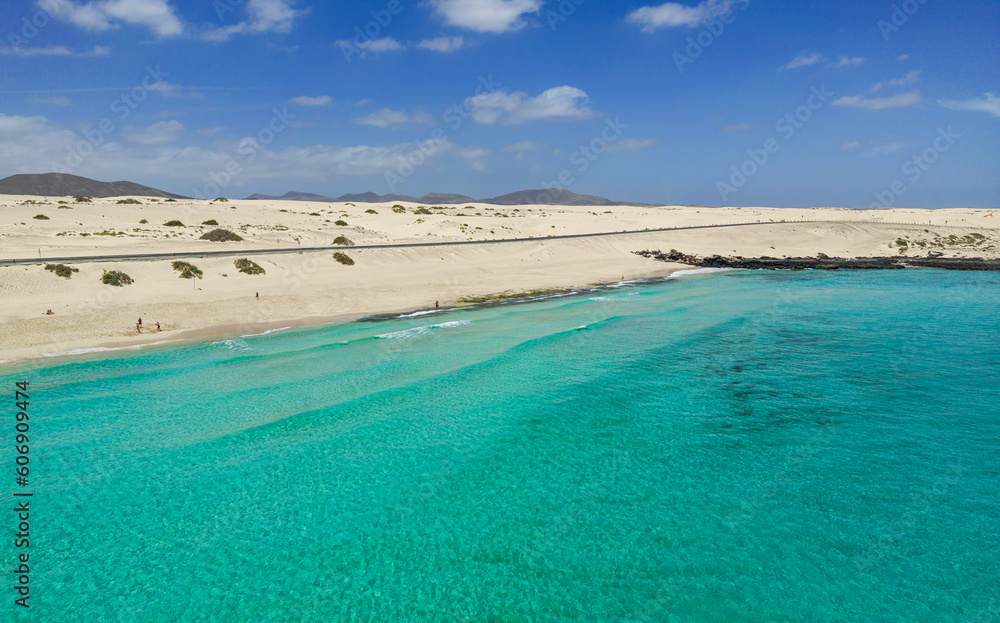 Beautiful mid aspect aerial panoramic view of Moro Beach or Playa Alzada near Corralejo in Fuerteventura Canary Islands Spain