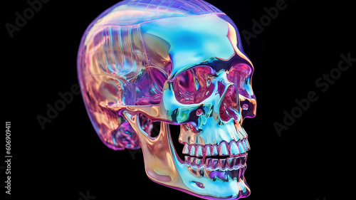 Holographic human skull, in the style of precisionism influence, emphasizes feelings over reality, high-tech futurism. Generative AI.