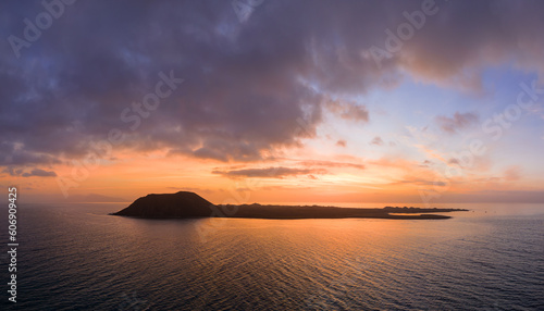 Beautiful moment before sunrise mid level aspect aerial panoramic image over the island of Lobos near Corralejo in Fuerteventura Canary Islands Spain