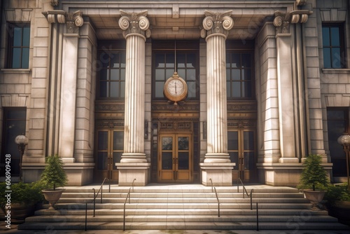 A heavily guarded courthouse entrance with imposing doors and security checkpoints. Generative ai.