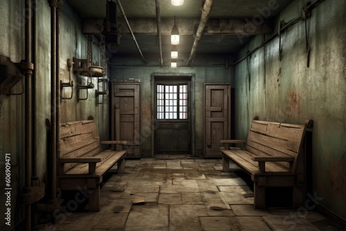 A holding cell with worn-out benches and a sense of anticipation hanging in the air. Generative ai.
