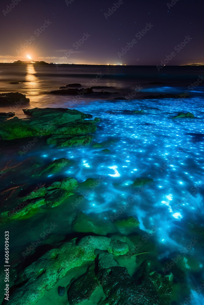Blue Bioluminescence algae beach at night. AI generative