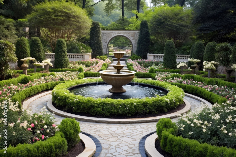 A well - manicured garden with colorful flower beds, winding pathways, and a tranquil fountain at its center. Generative ai. A well - manicured garden with colorful flower beds, winding pathways, and a tranquil fountain at its center. Generative ai.