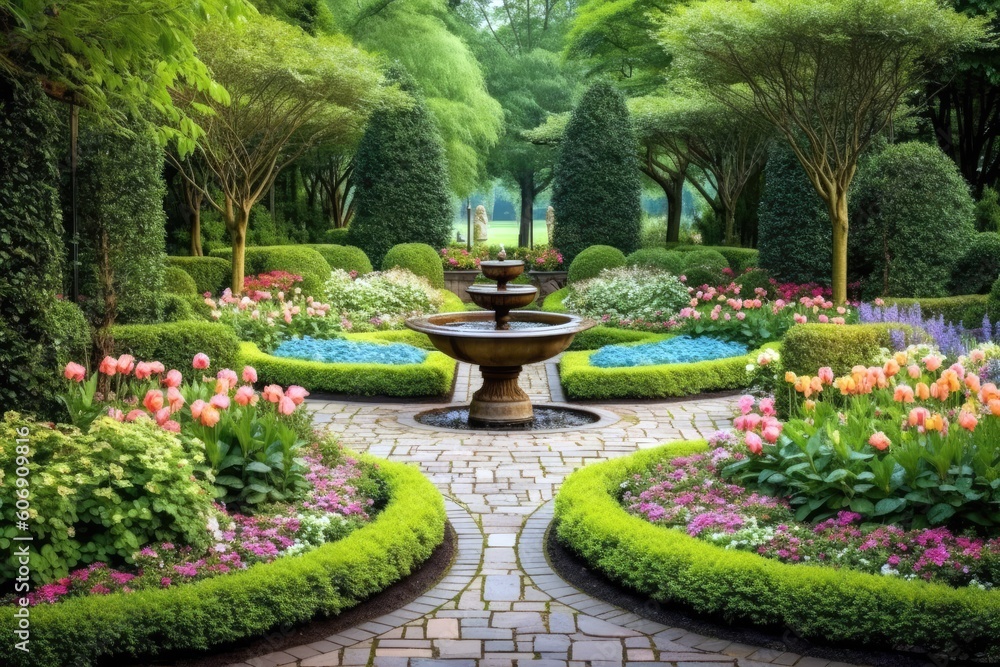 A well - manicured garden with colorful flower beds, winding pathways, and a tranquil fountain at its center. Generative ai.