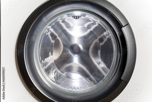 Inside of washing machine. Rotating inner tub. Material metal. Close-up of electrical household appliance. © bm_photo