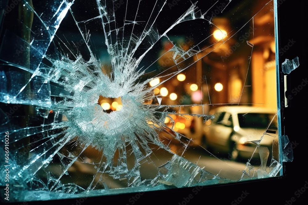 A broken window with shattered glass and signs of forced entry