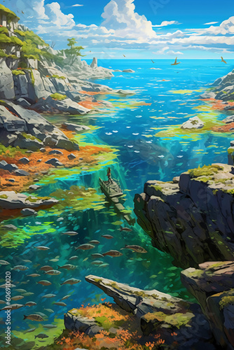 Highlight the juxtaposition between the vibrant marine life and the rocky landscape. AI generative
