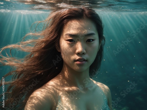 A picture of asian woman underwater during sunrise volume two created with generative ai, ki © Klerat