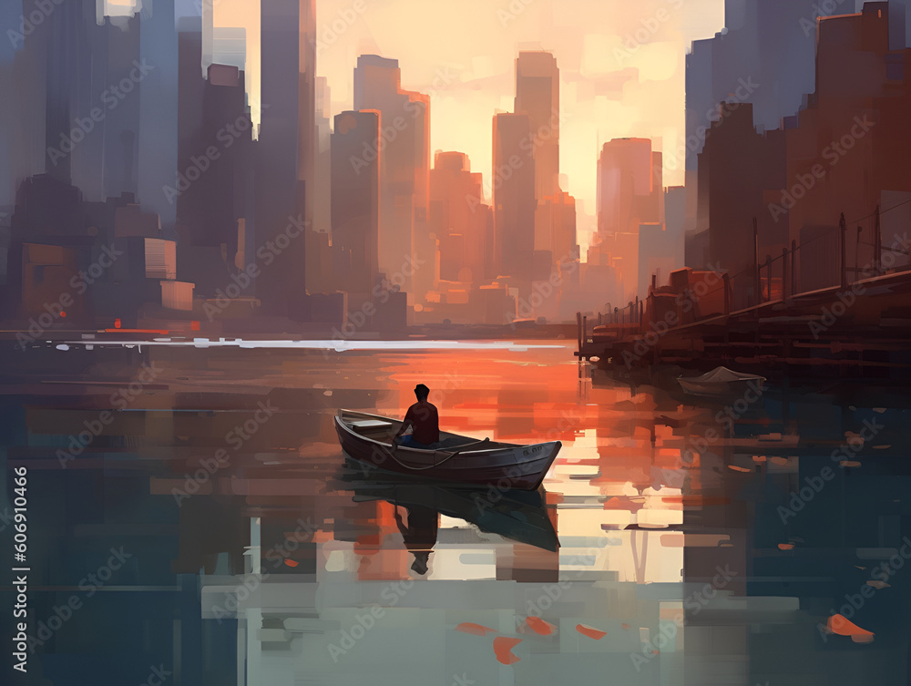 Φωτογραφία Man in a boat in the middle of a lake with a city skyline in the distance, Gener