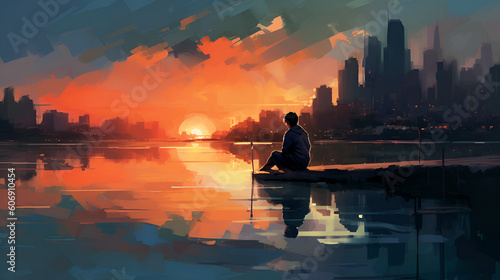 A man sits at the end of a pier staring at a sunset bathing the city in a warm glow, Generative AI