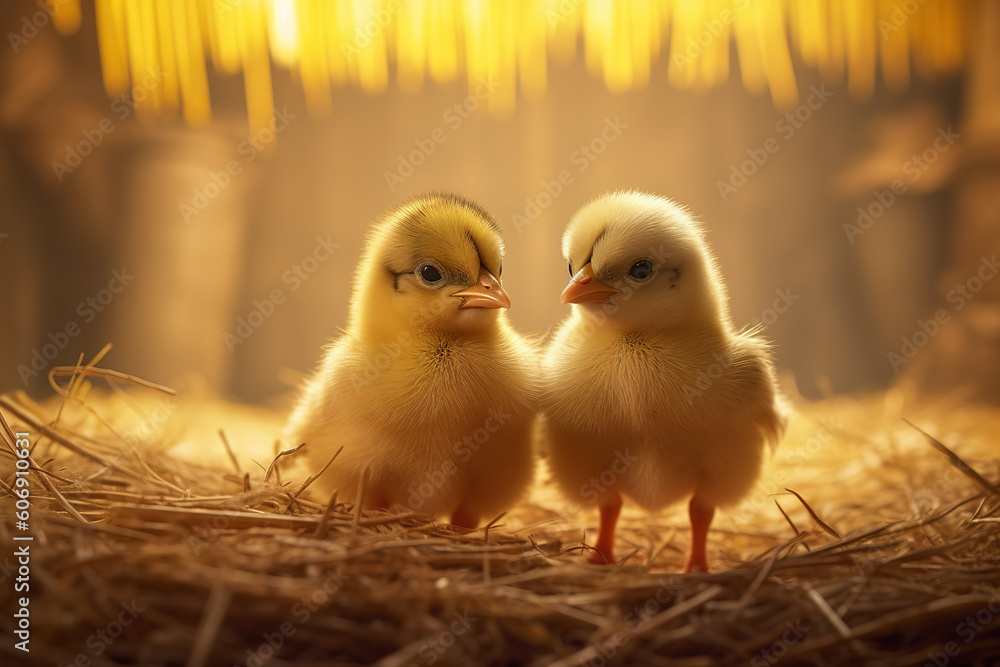 Two yellow chicks standing side by side on the hay. By Generative AI