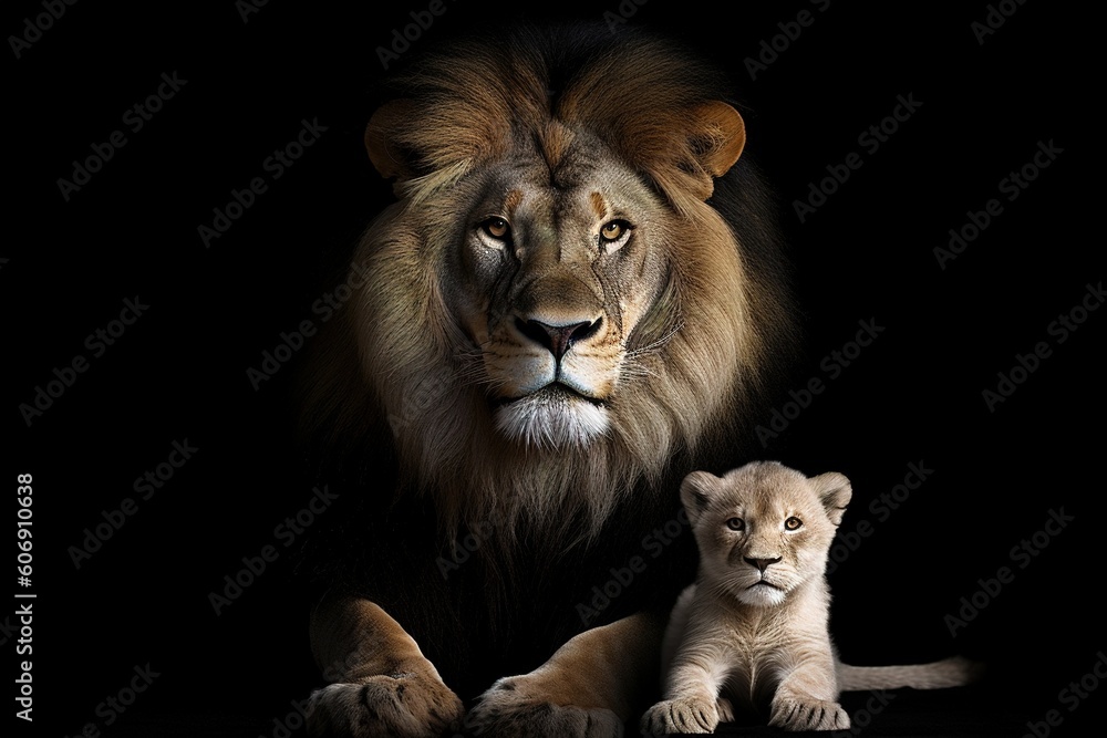 Lion sitting with her cub on a black background. By Generative AI