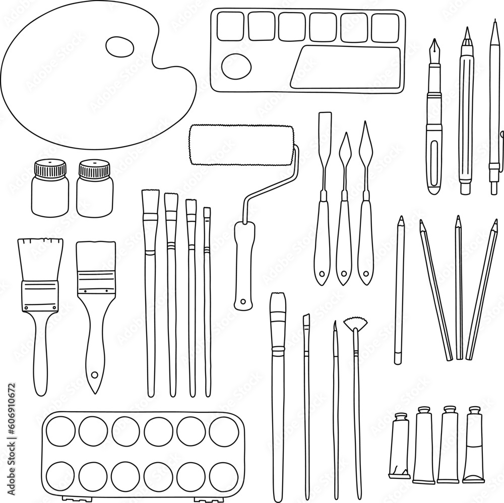 Art materials, line drawing set of brushes for painting and calligraphy, colours and pencils, hand drawn illustration. Vector black and white line illustration. Cartoon style Art materials, line drawing set of brushes for painting and calligraphy, colours and pencils, hand drawn illustration. Vector black and white line illustration. Cartoon style