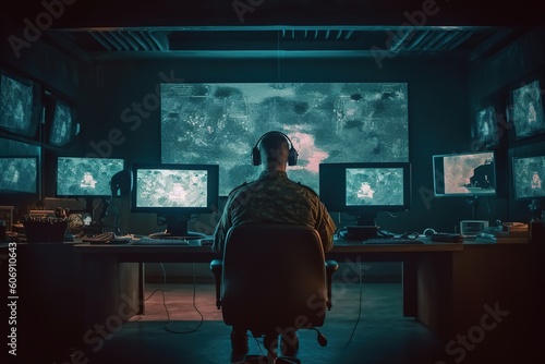 A soldier watching the war zone on screens in the war room. By Generative AI