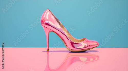 Shiny smooth pink high heel resting on top of a pink counter, with a solid blue background, Generative AI