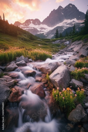 Cascade mountain range, large waterfall long exposure. AI generative