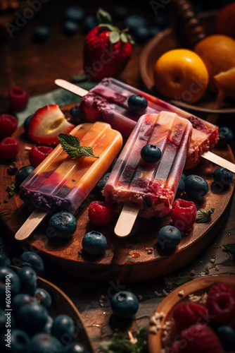 Ice Cream Popsicles with Fruit, Berries and ice, Summer dessert, frozen fruits, juice, Food, Delicious